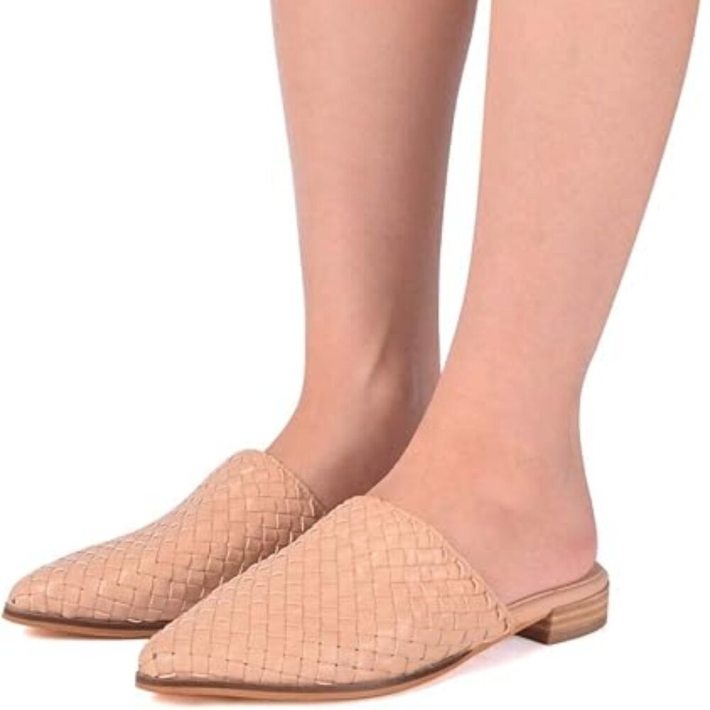 YDN Nude  Low Heels Mules Slip On Flats Loafers Pointy Toe Clogs Slide Slipper